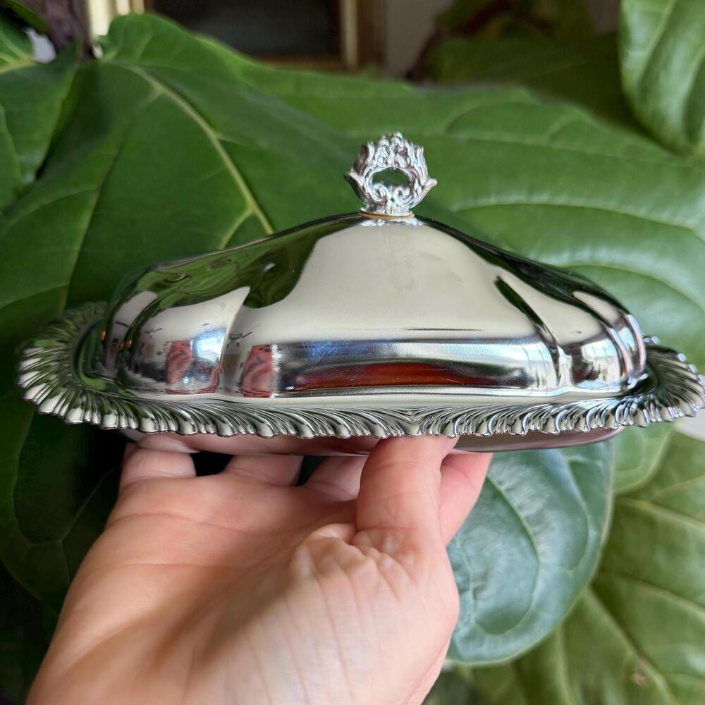 Vintage Silver Metal Butter Dish with Lid Glass Covered Butter Dish